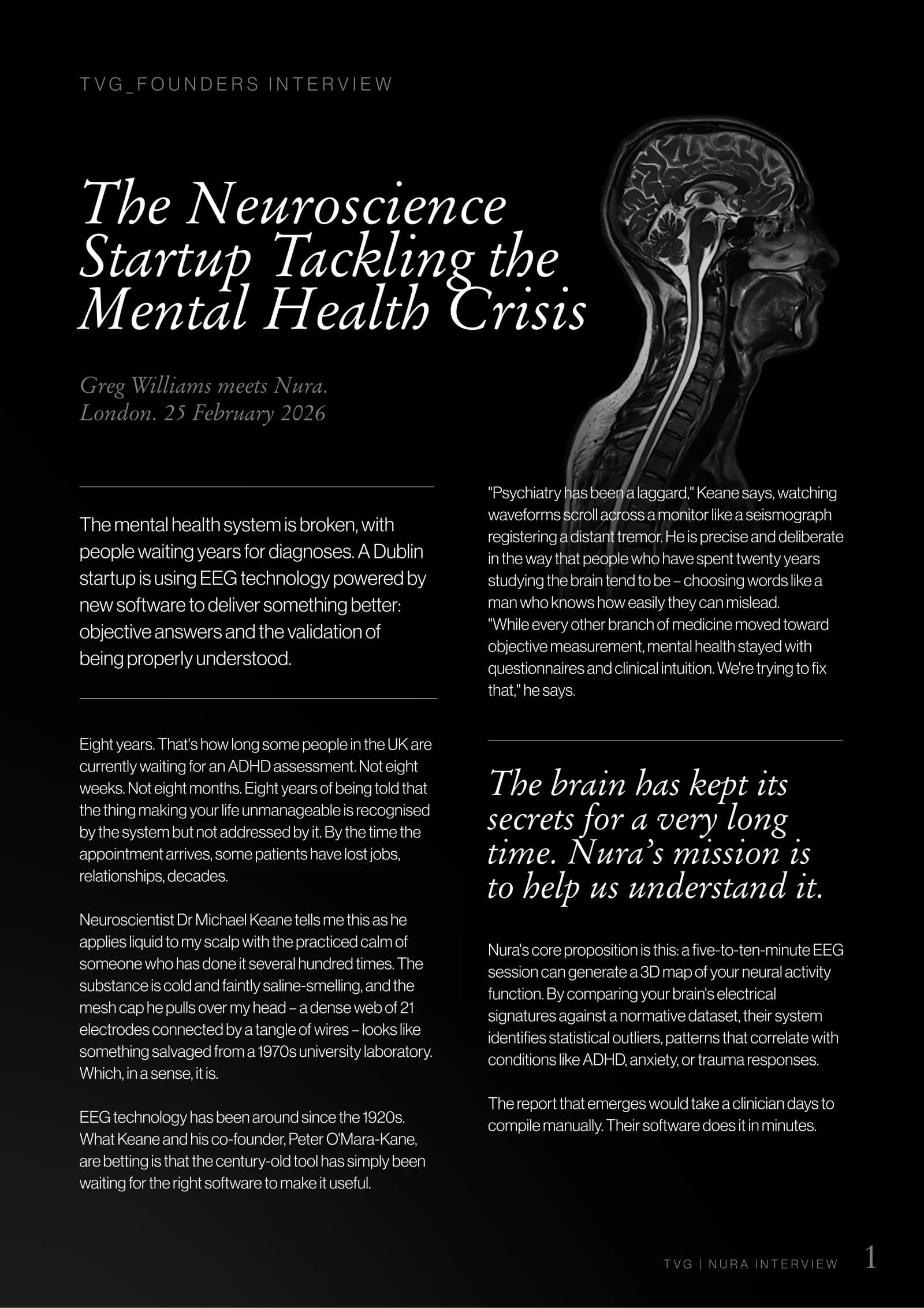 Page 1 — The Neuroscience Startup Tackling the Mental Health Crisis: Greg Williams meets NURA, London, 25 February 2026.