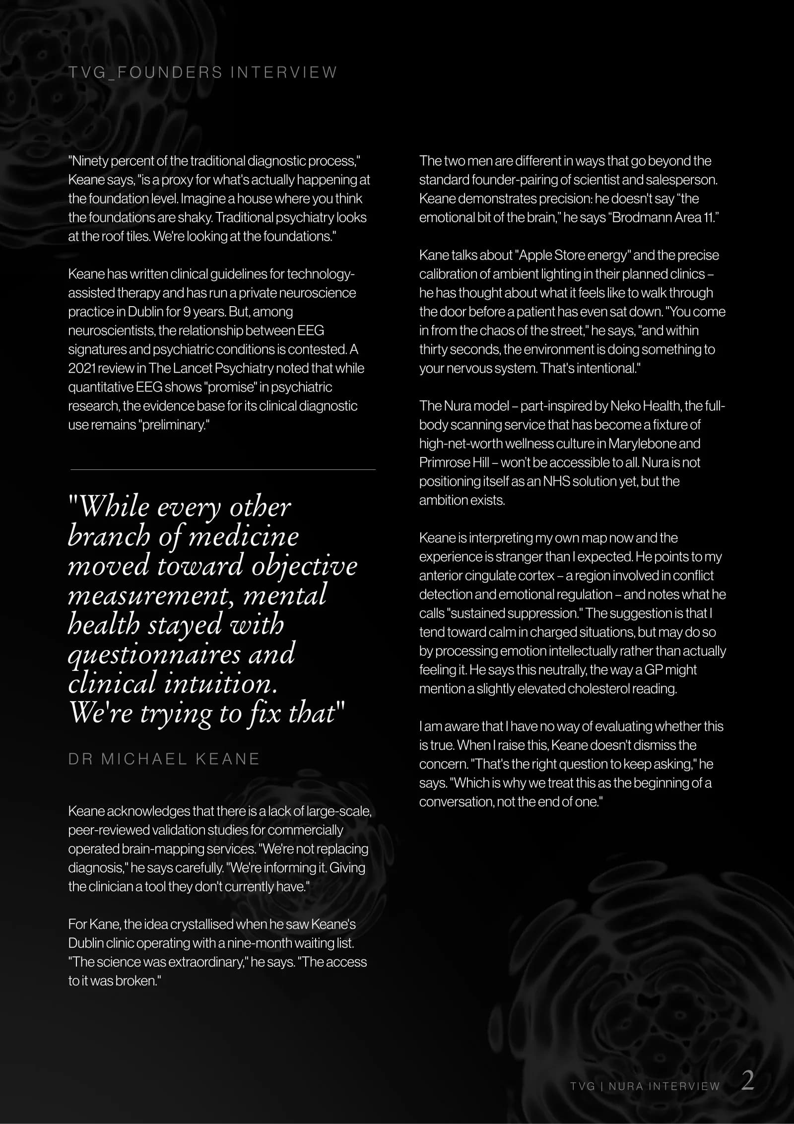 Page 2 — Dr Michael Keane on objective measurement in mental health, and the founders behind NURA.